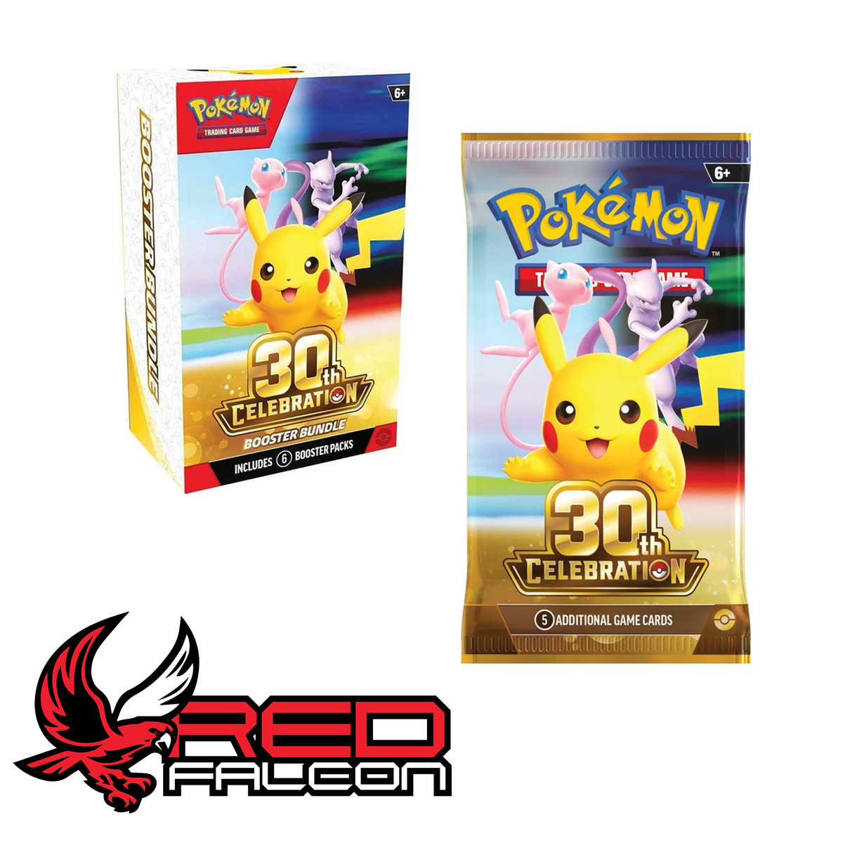 The Pokémon TCG 30th Celebration Booster Bundle box displayed alongside an individual single booster pack.