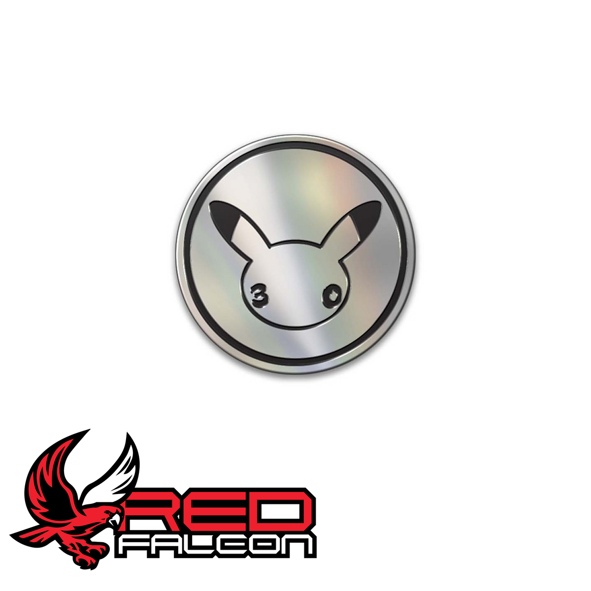 A close-up view of the metallic collectible coin included inside the Pokémon TCG 30th Celebration 2-pack blister.