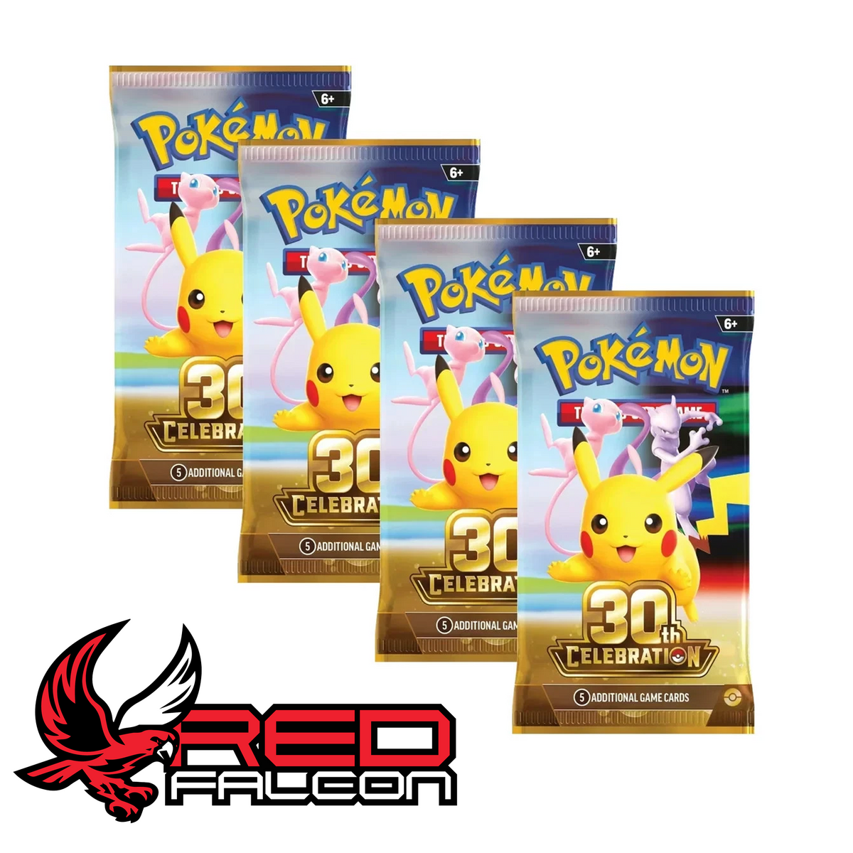 The four factory-sealed Pokémon TCG 30th Celebration booster packs included inside the ex tin.