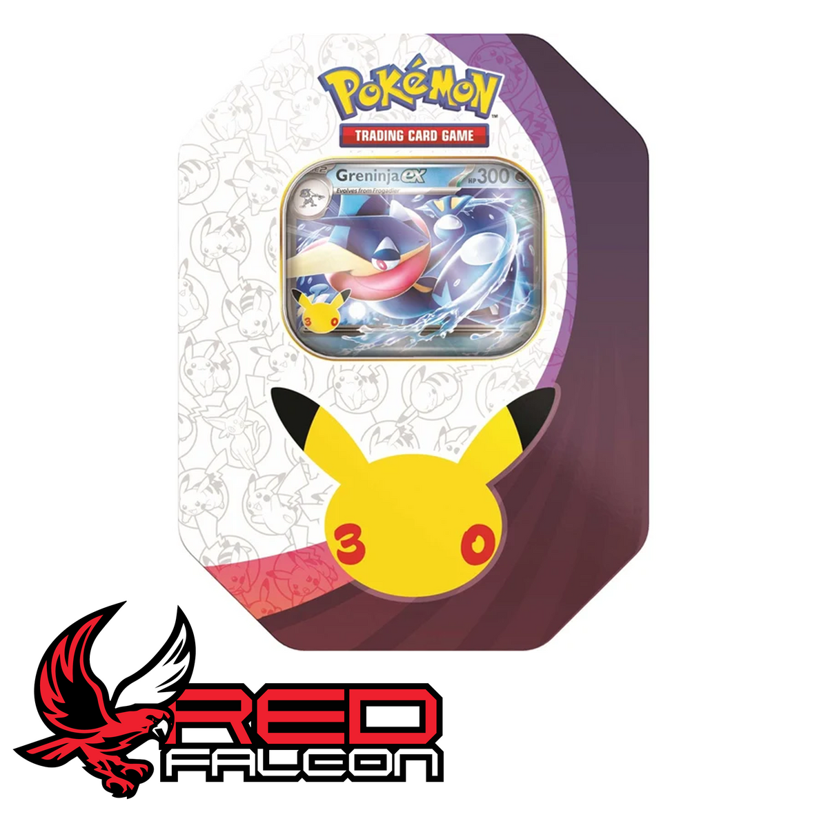 The front view of the official factory-sealed Pokémon TCG 30th Celebration Greninja ex tin.