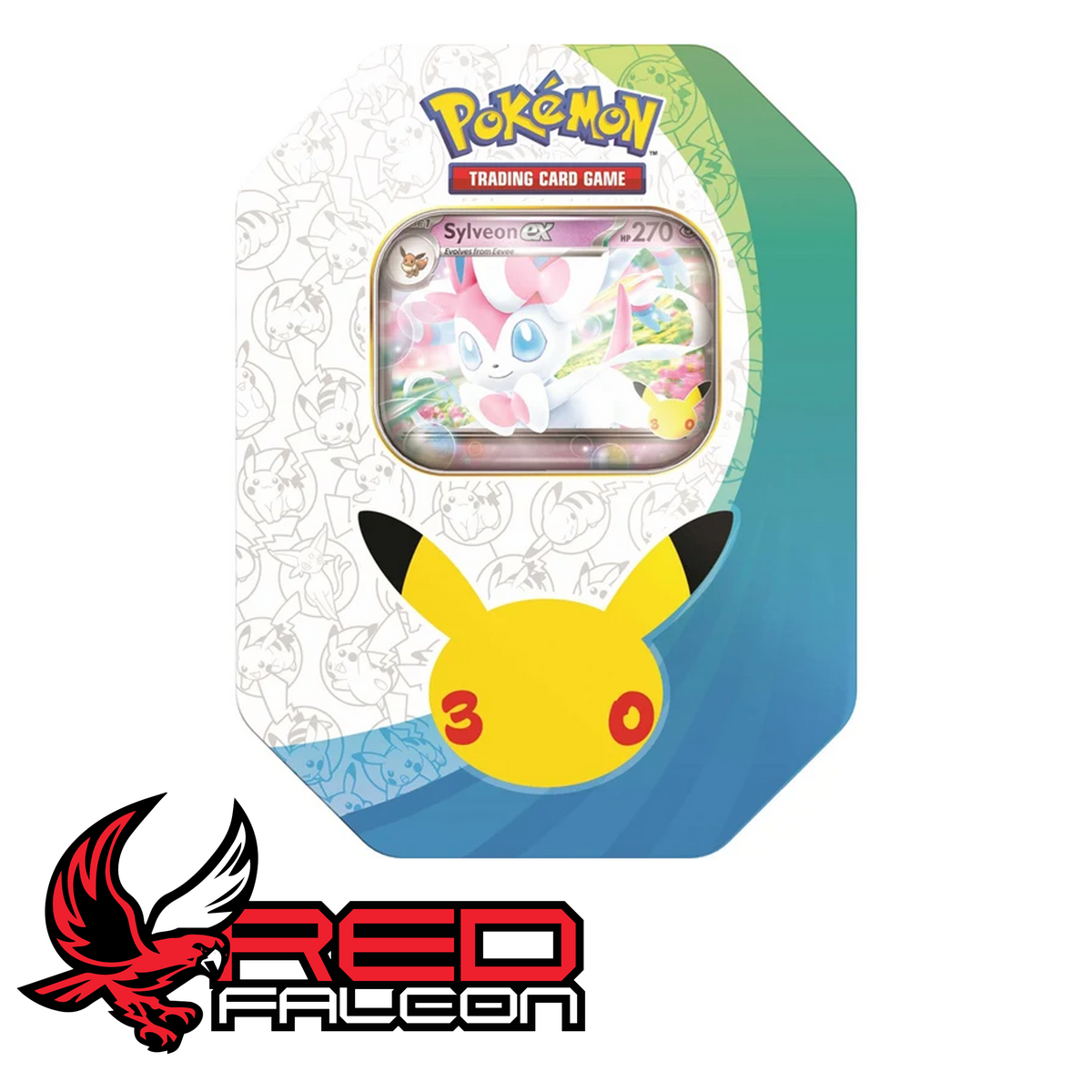 The front view of the official factory-sealed Pokémon TCG 30th Celebration Sylveon ex tin.
