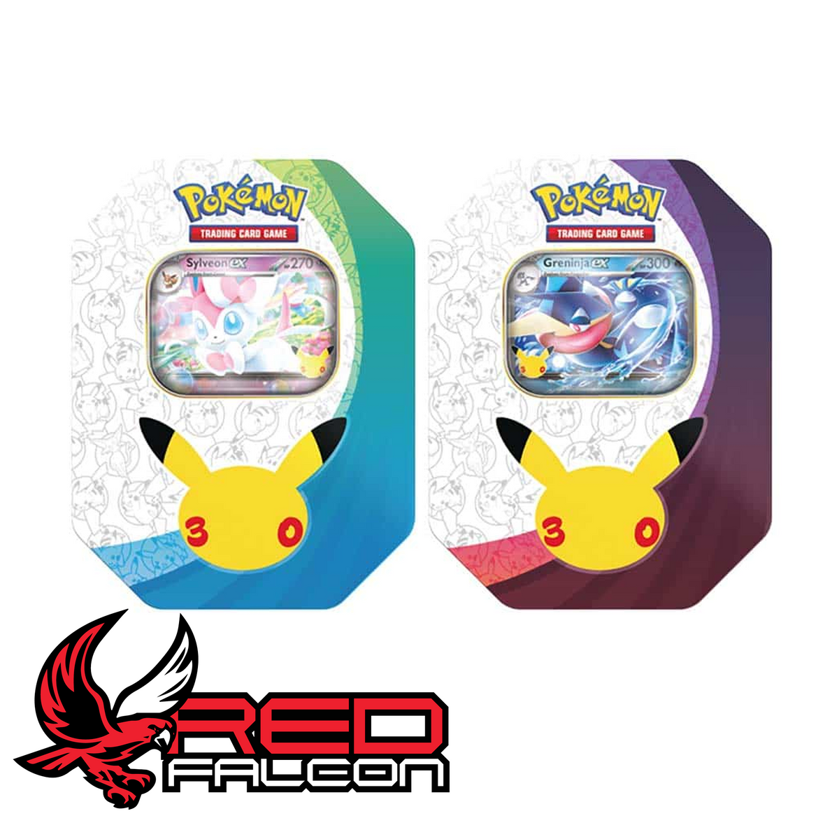 The Greninja ex and Sylveon ex Pokémon TCG 30th Celebration tins displayed side-by-side.