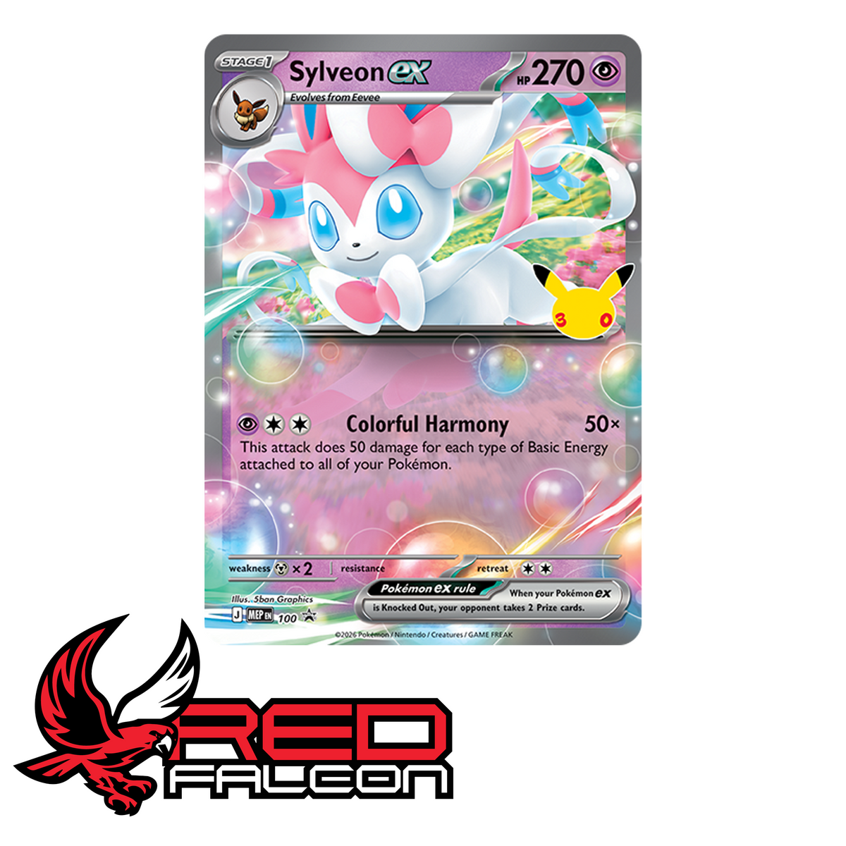 A close-up view of the exclusive foil Sylveon ex promo card included inside the 30th Celebration tin.