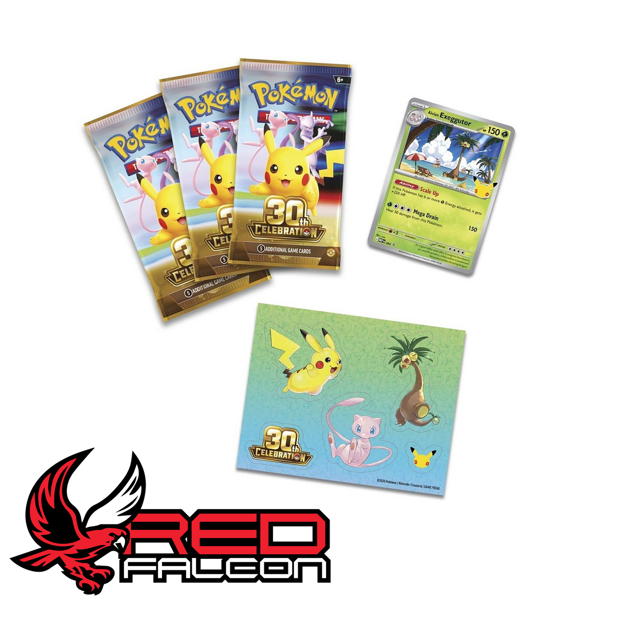 The foil Exeggutor promo card, tech sticker sheet, and three booster packs included in the 30th Celebration Tech Sticker Collection.