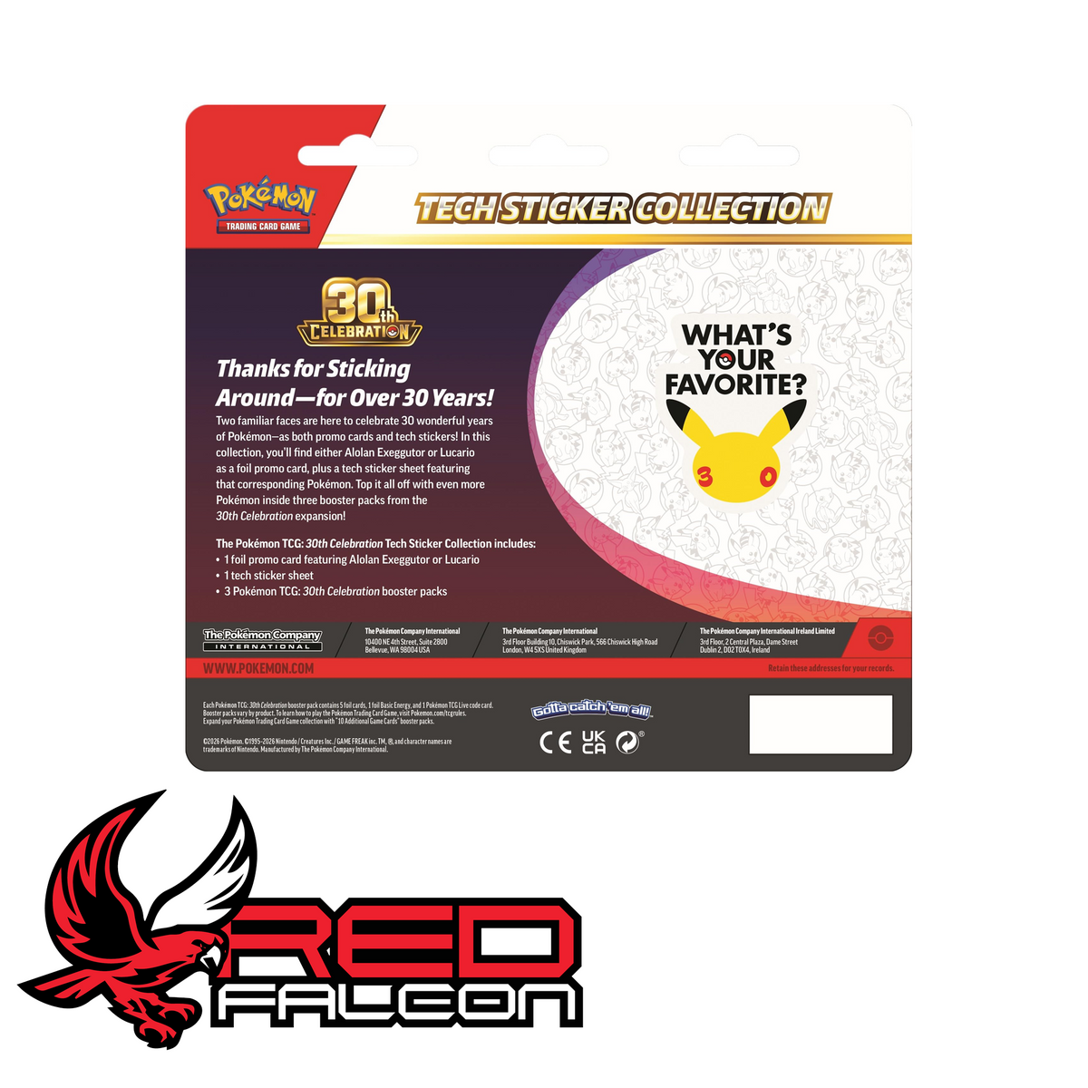 The rear view of the Pokémon TCG 30th Celebration Tech Sticker Collection Lucario pack showing product contents and details.