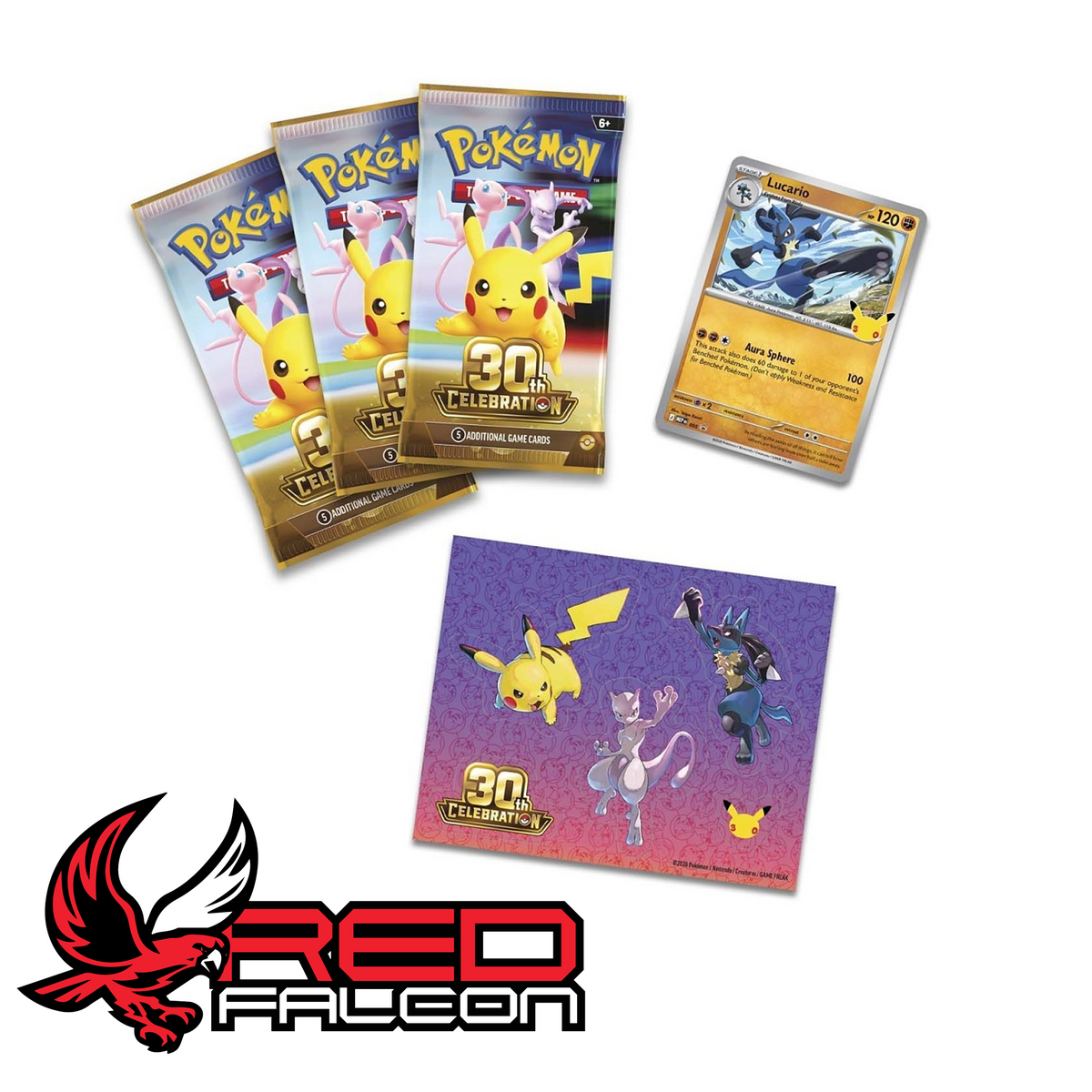 The foil Lucario promo card, tech sticker sheet, and three booster packs included in the 30th Celebration Tech Sticker Collection.