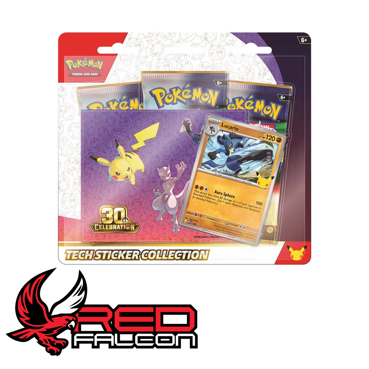The front view of the factory-sealed Pokémon TCG 30th Celebration Tech Sticker Collection featuring Lucario.