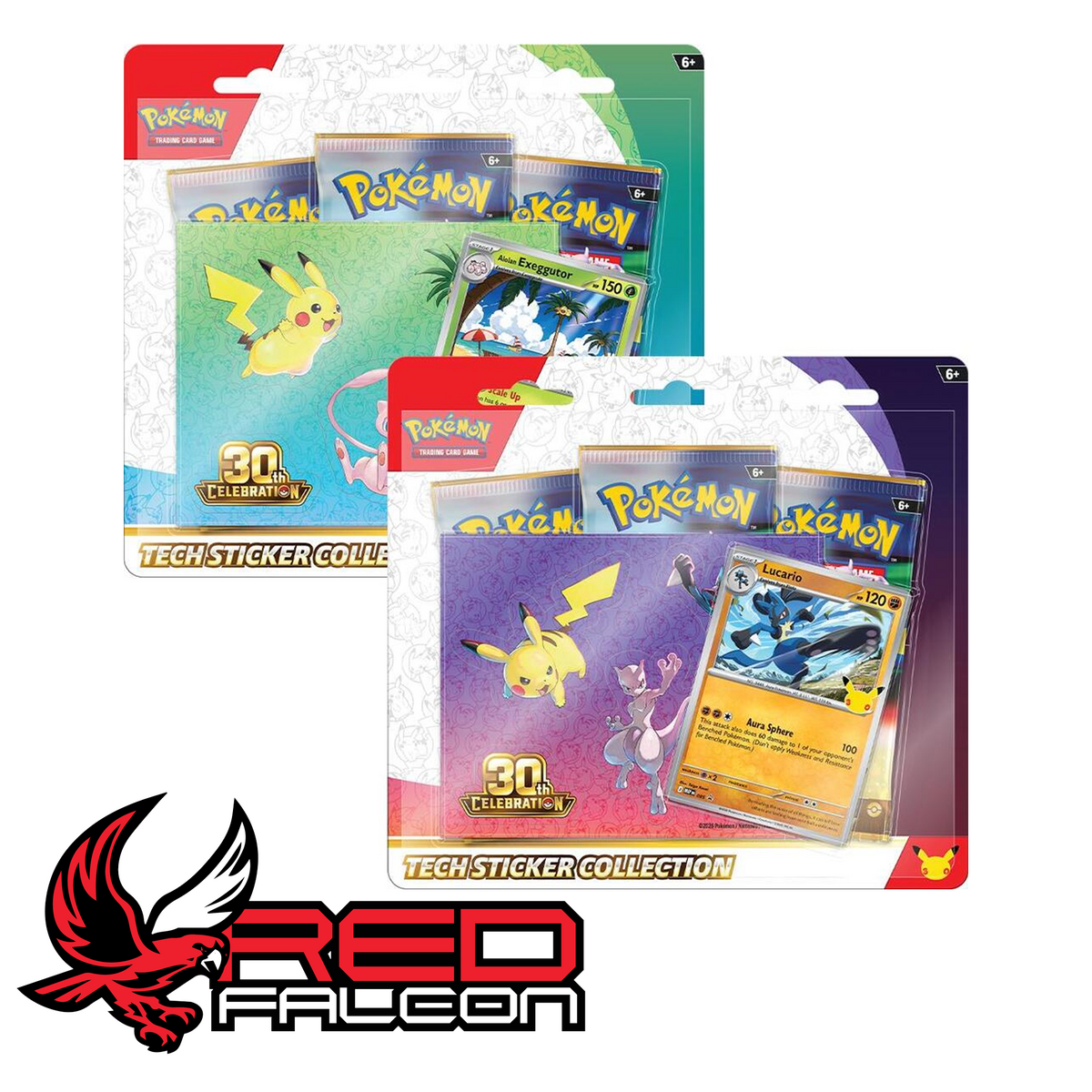The Lucario and Exeggutor Pokémon TCG 30th Celebration Tech Sticker Collection packs displayed side-by-side.