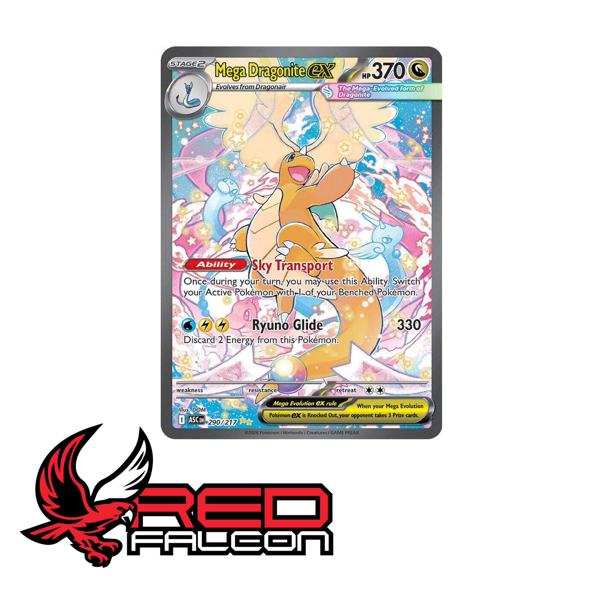 The historic debut Special Illustration Rare (SAR) alternative art for Mega Dragonite ex in the Ascended Heroes set.