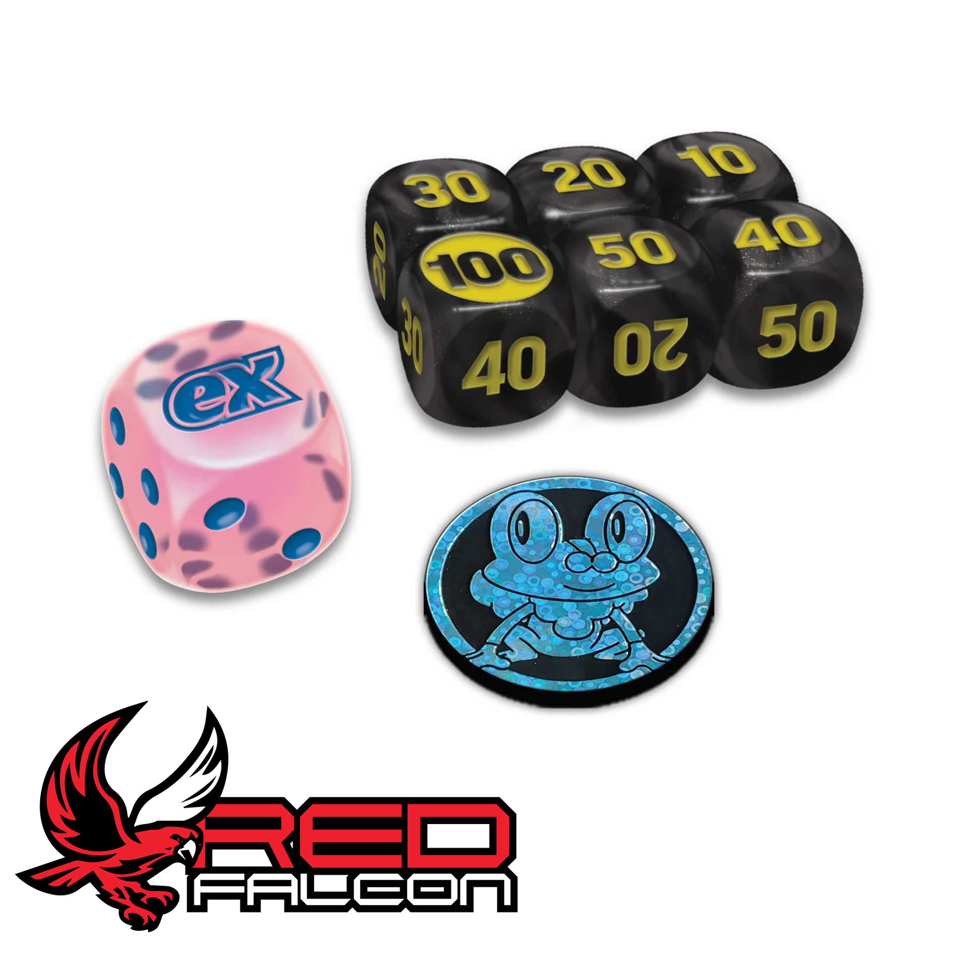 A close-up of the tournament-legal damage counter dice, condition markers, and flip coin included in the Chaos Rising Elite Trainer Box.