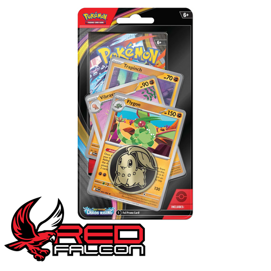 A front view of the factory-sealed Pokémon TCG Mega Evolution Chaos Rising Premium Checklane Blister card containing the Flygon evolution line promos and a booster pack.
