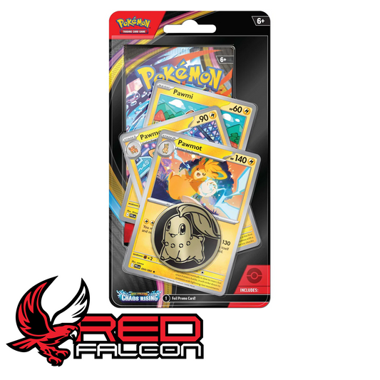 A front view of the factory-sealed Pokémon TCG Mega Evolution Chaos Rising Premium Checklane Blister card containing the Pawmot evolution line promos and a booster pack.