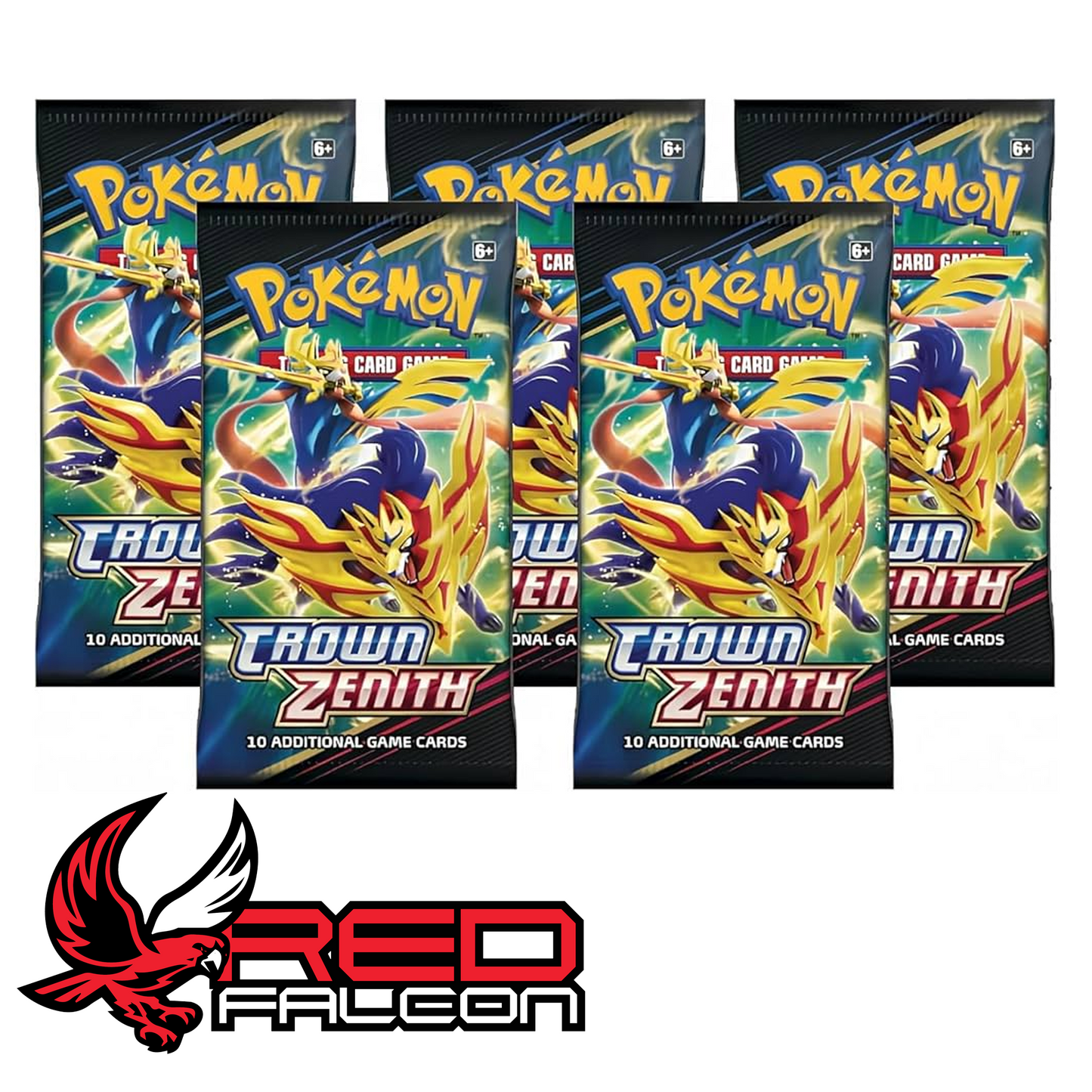 A stack of five individual Crown Zenith booster packs from the Sword & Shield special expansion.