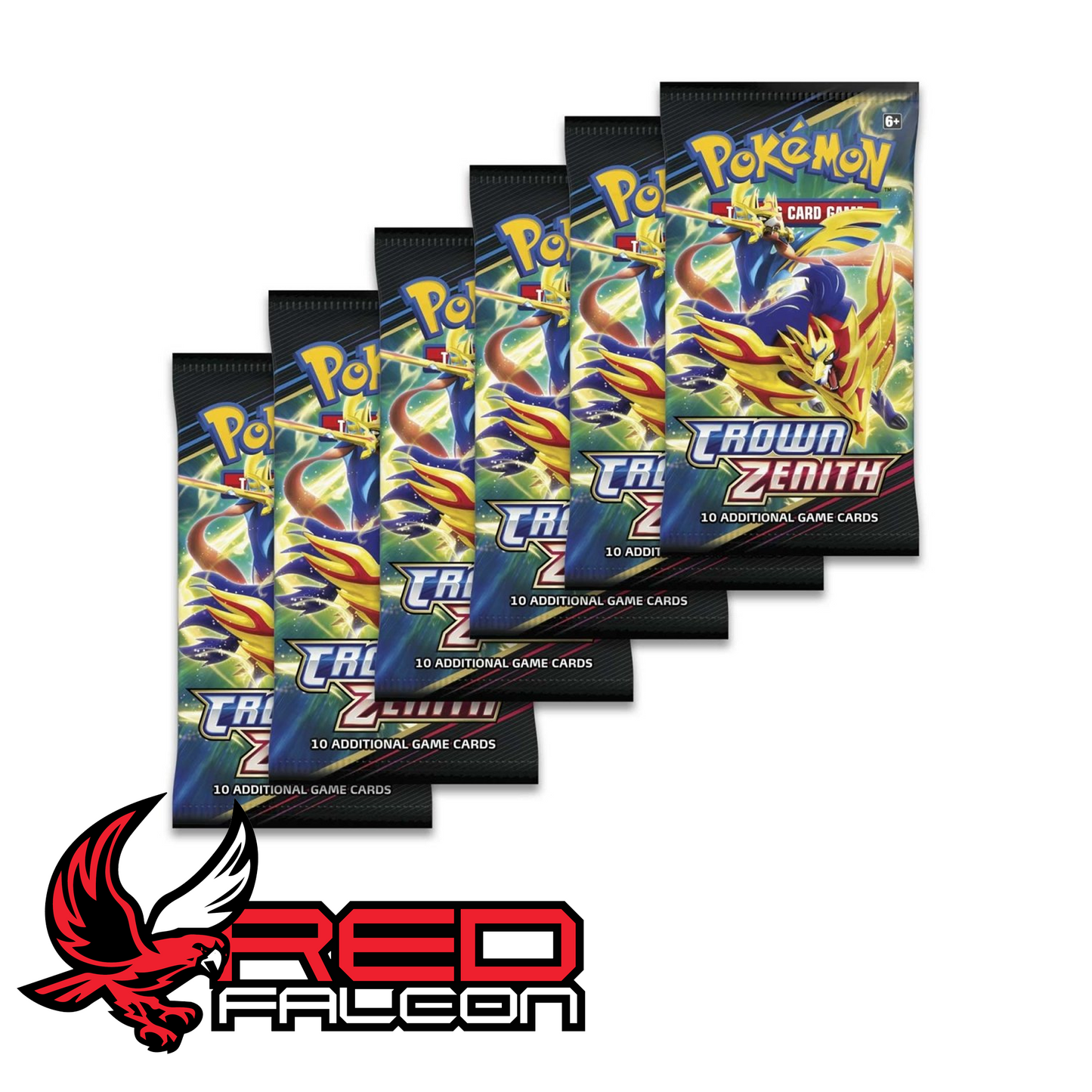 A fanned-out selection of Crown Zenith booster packs showing the various pack art designs.