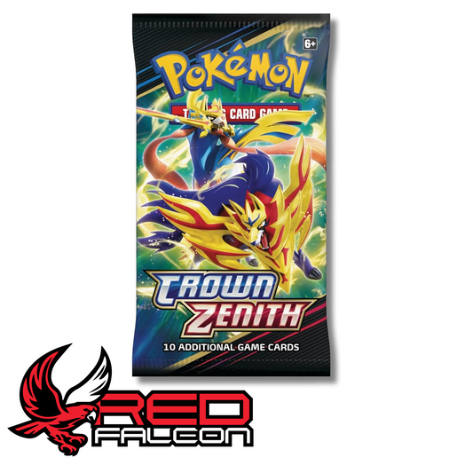 A single Pokémon TCG Sword & Shield—Crown Zenith booster pack featuring official Zacian or Zamazenta artwork.