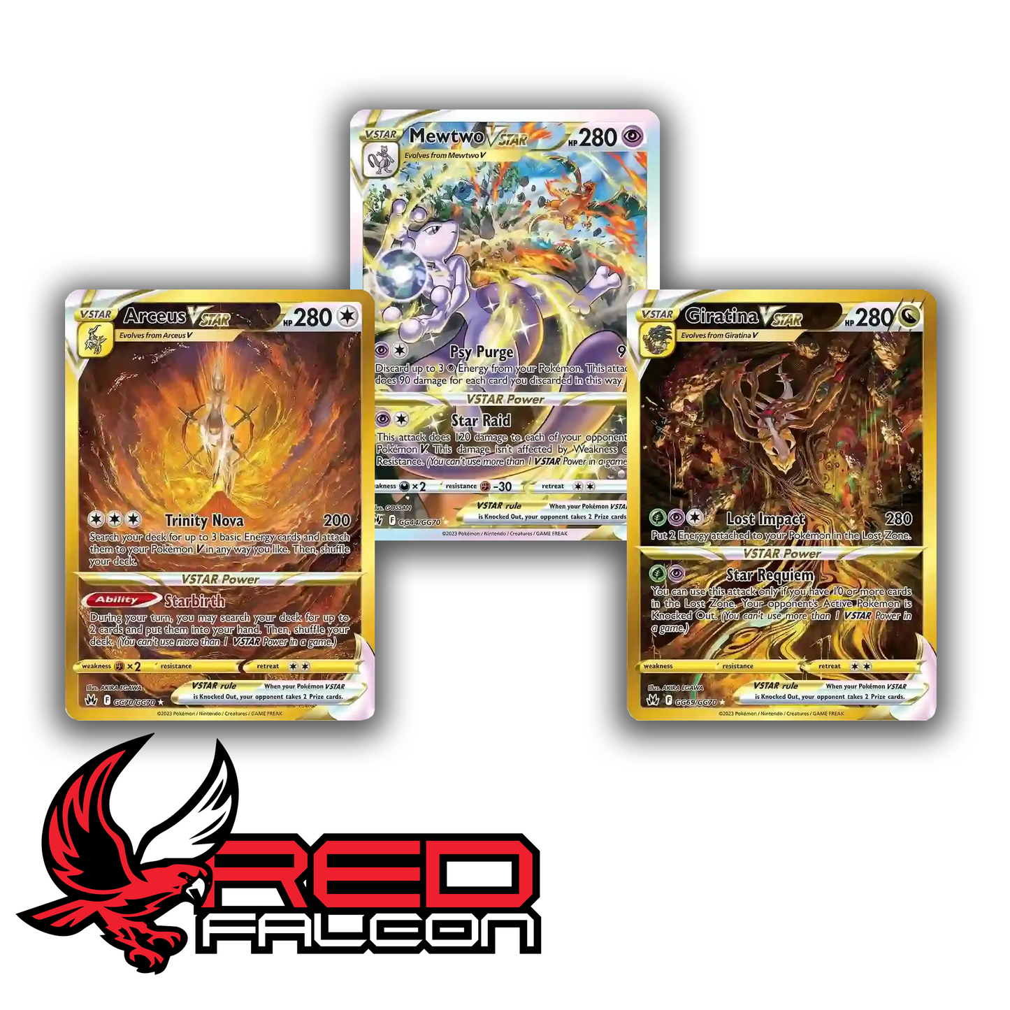 High-rarity Mewtwo VSTAR, Gold Giratina VSTAR, and Gold Arceus VSTAR cards from the Crown Zenith Galarian Gallery.