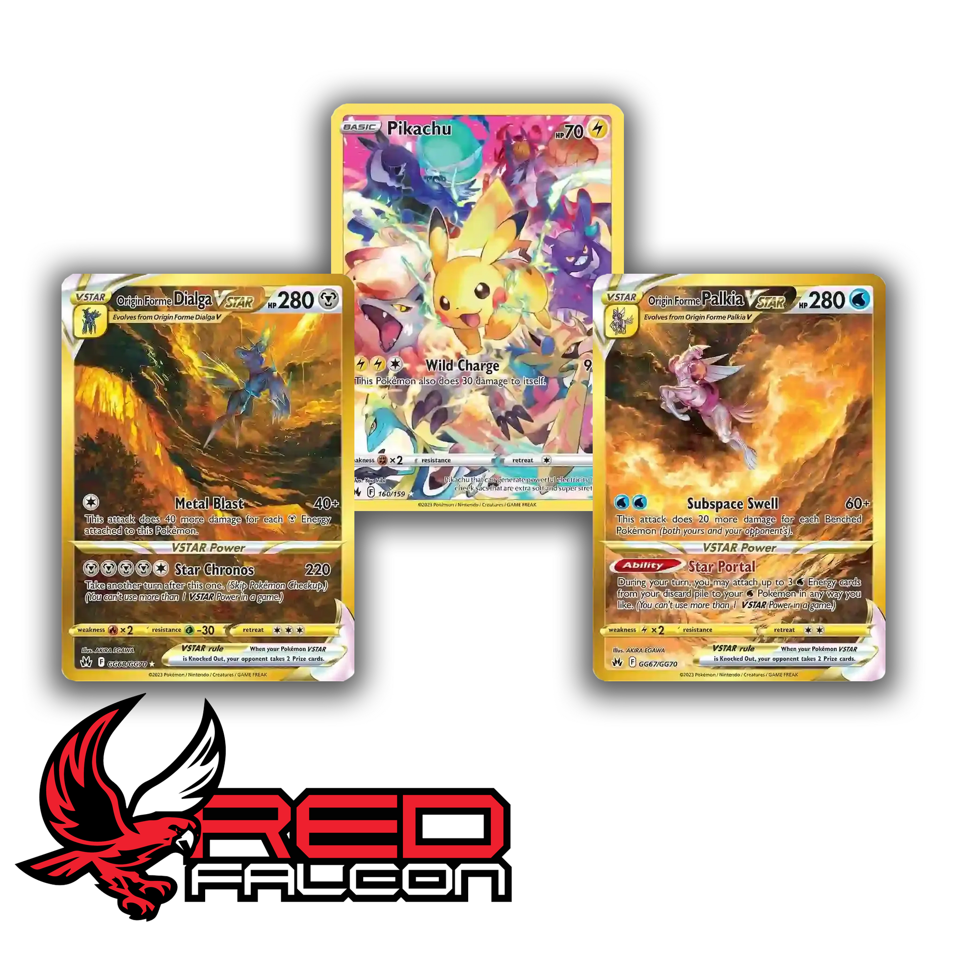 The Pikachu Secret Rare and the Gold Origin Forme Dialga and Palkia VSTAR cards from the Crown Zenith expansion.