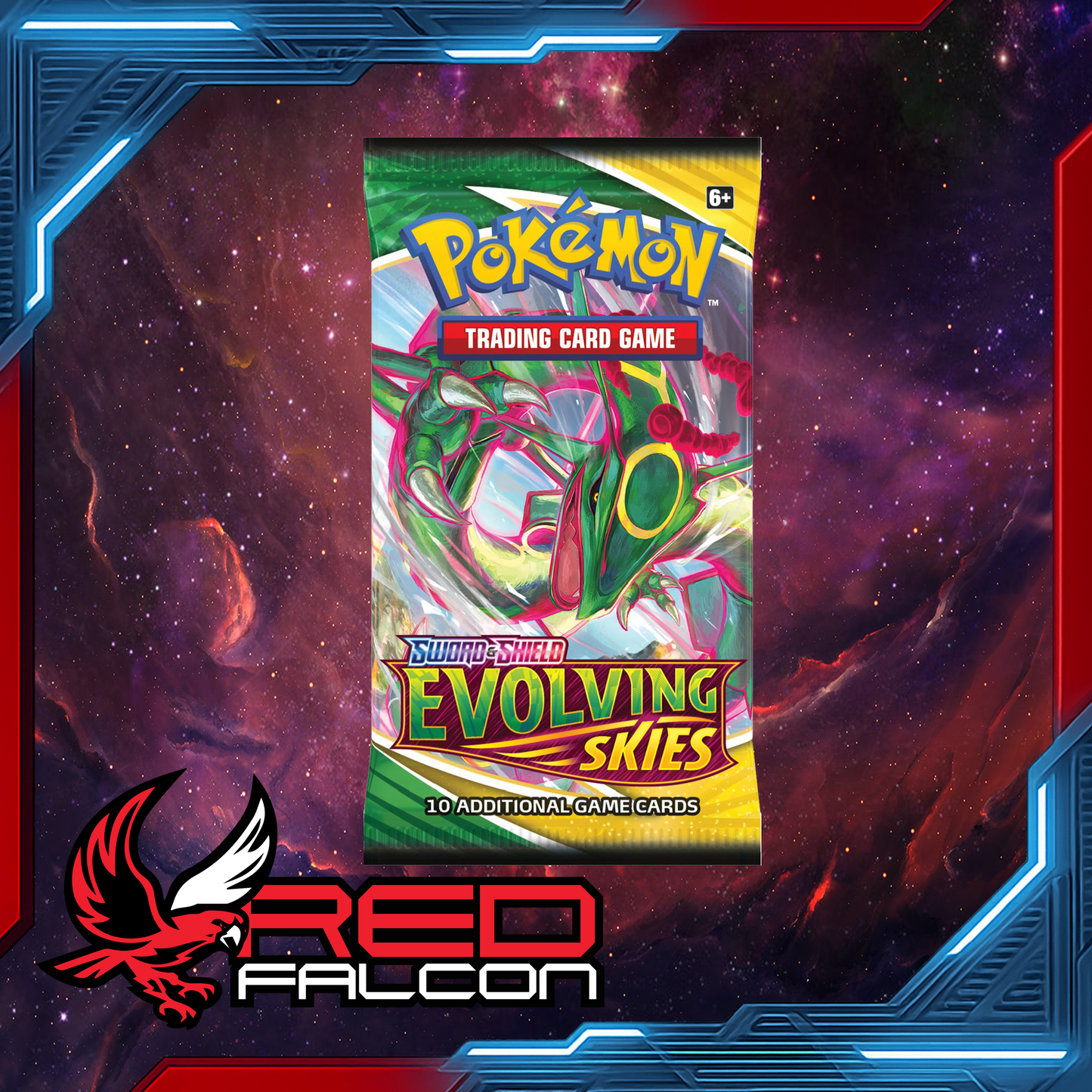 Pokémon TCG Evolving Skies booster pack with Rayquaza VMAX, Umbreon VMAX and other cards