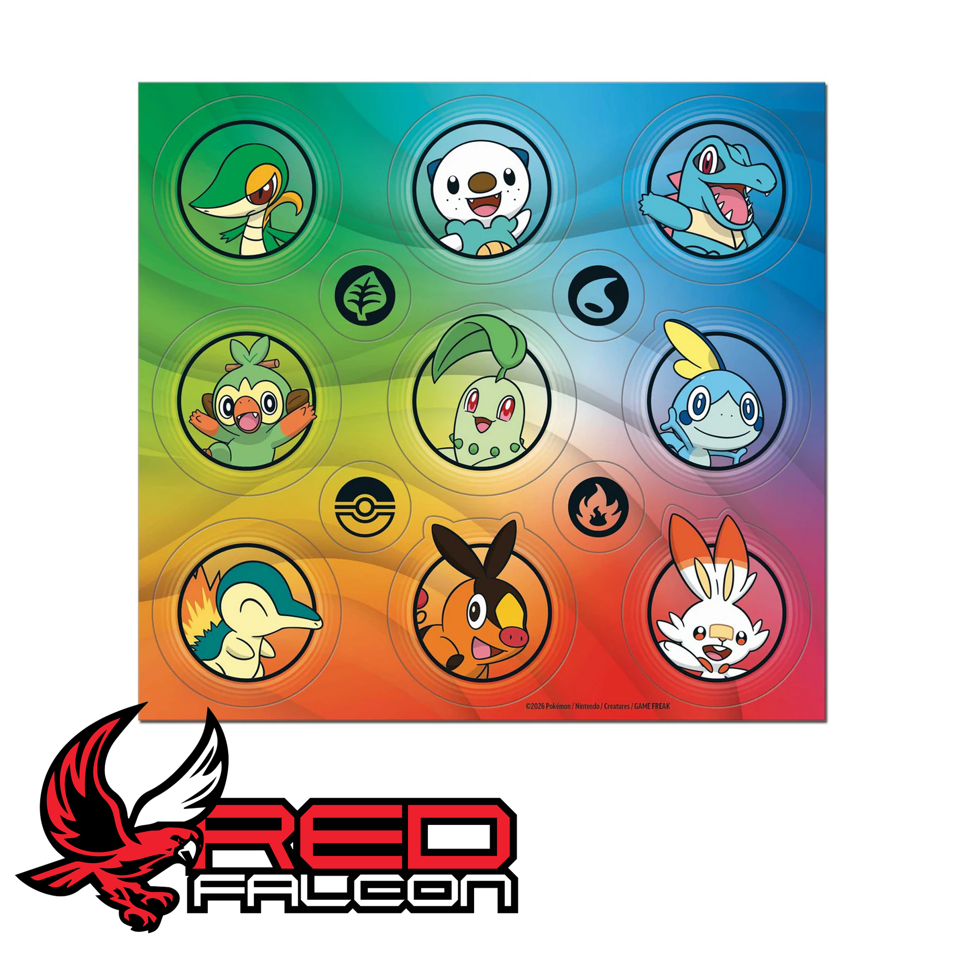 A detailed shot of the colorful collectible sticker sheet included in the collection, featuring vibrant artwork of the first partner companion Pokémon.