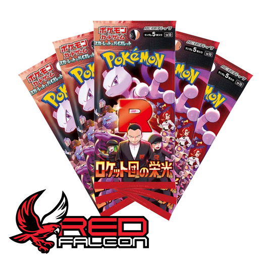 A collection of Japanese Glory of Team Rocket booster packs spread out to show the official pack artwork.