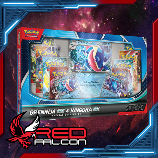 Pokémon TCG Greninja ex & Kingdra ex Special Collection box with Greninja ex promo, Kingdra ex promo, oversize Greninja ex foil, 8 booster packs, and code card