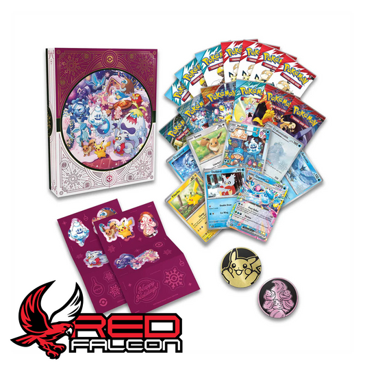 Contents of the Pokémon TCG Holiday Calendar 2025 showing foil cards, booster packs, fun packs, collectible coins, sticker sheets, and Pokémon TCG Live code card
