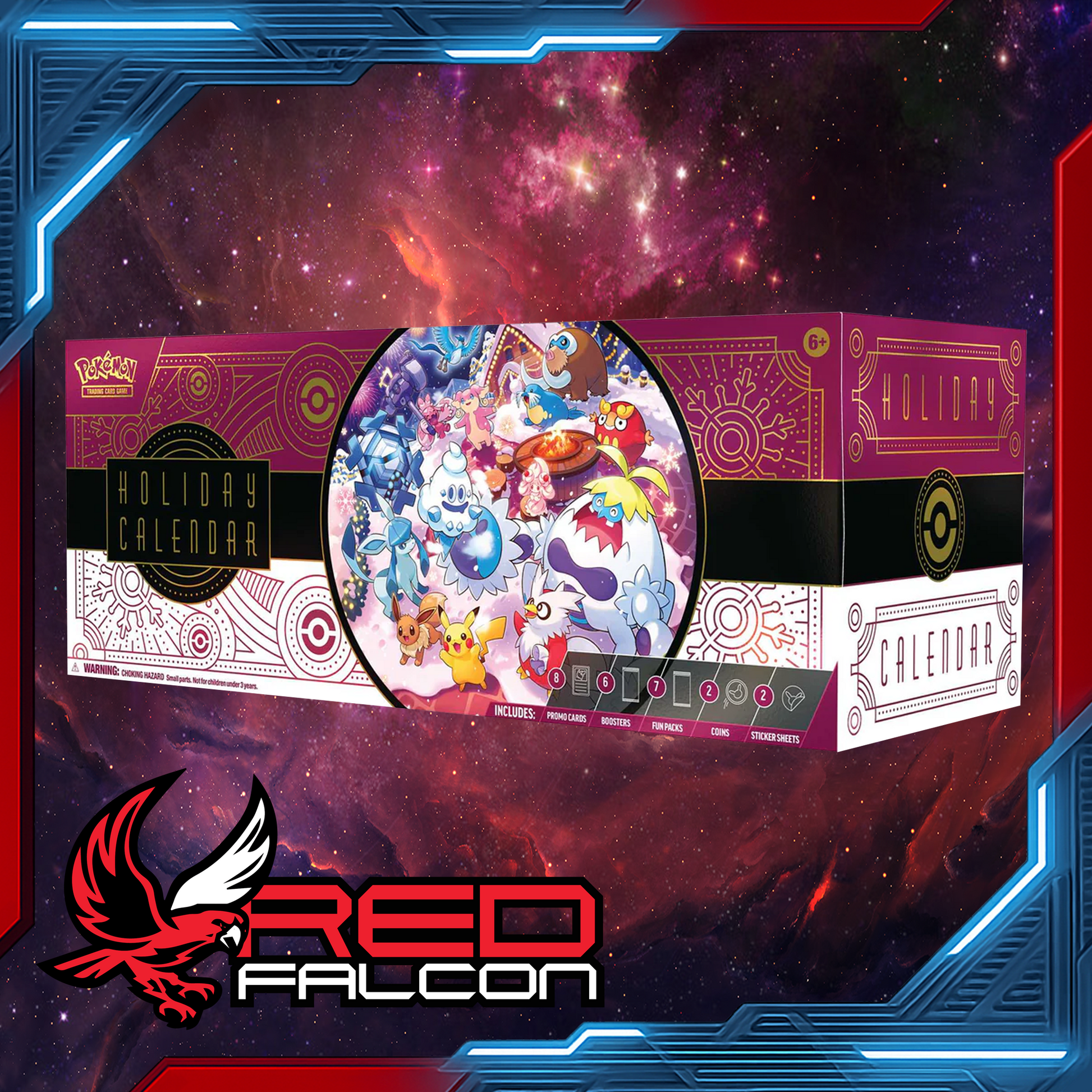 Pokémon TCG Holiday Calendar 2025 with festive foil cards, booster packs, fun packs, stickers, coins, and code card
