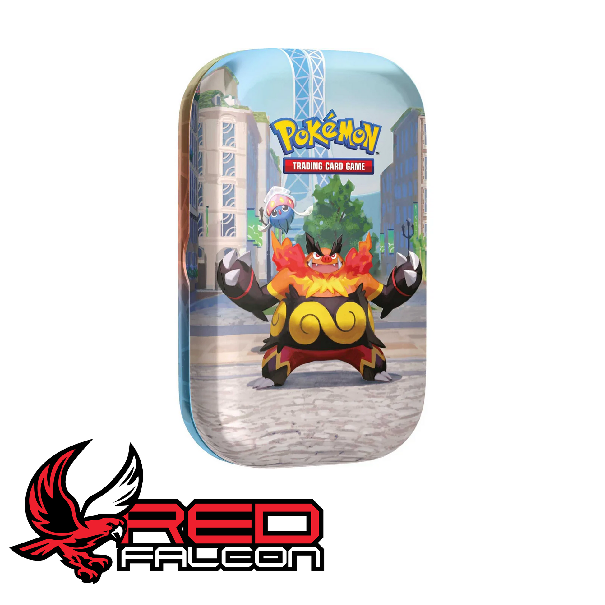 The front view of the Lumiose City Mini Tin featuring artwork of the fiery Emboar alongside a floating Inkay.