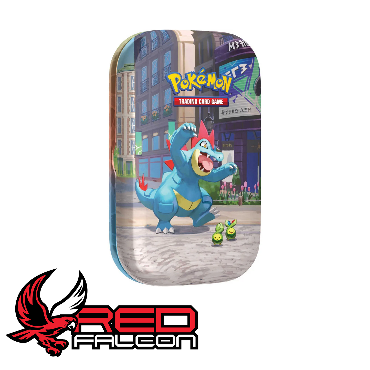 The front view of the Lumiose City Mini Tin featuring artwork of a fierce Feraligatr contrasted next to a tiny Budew.