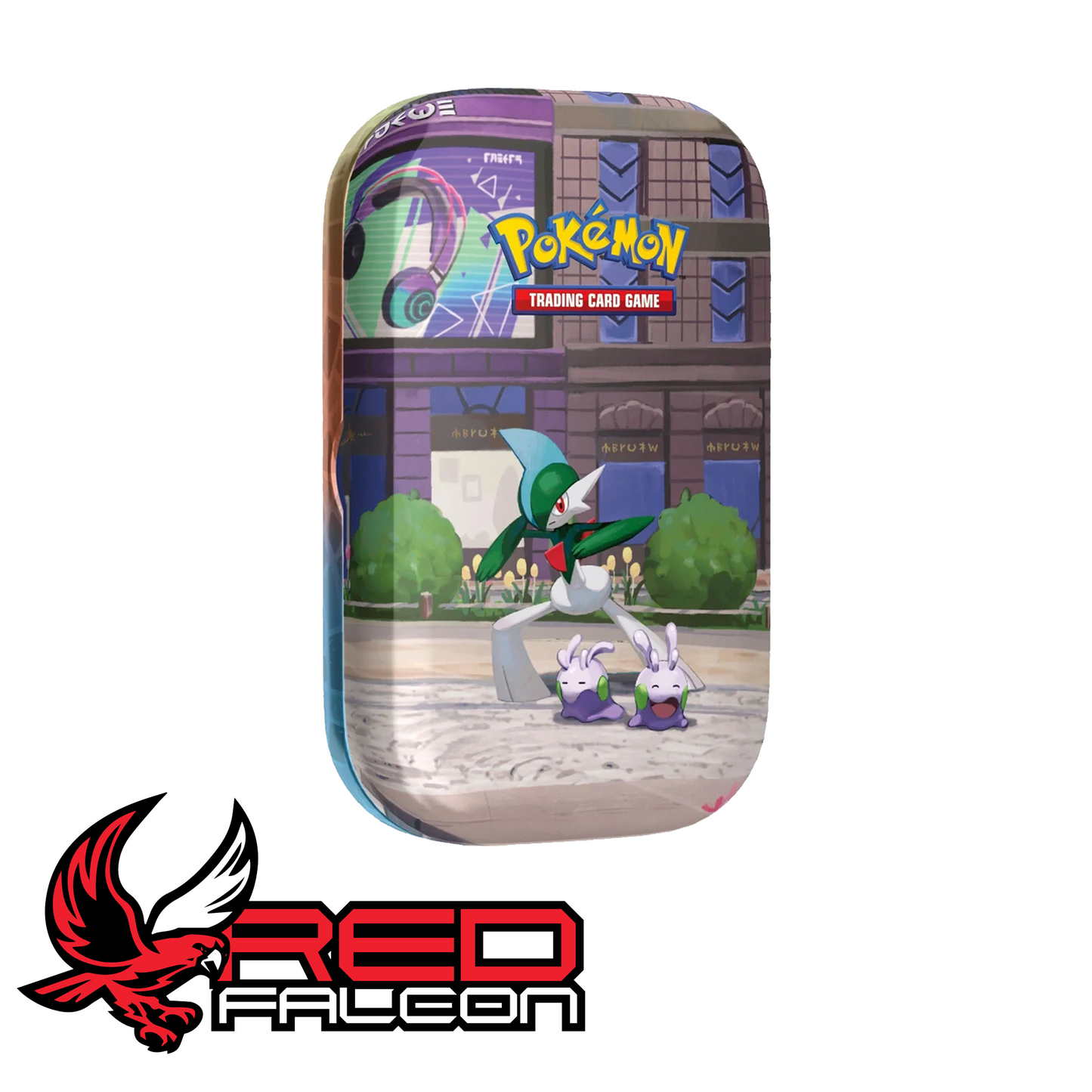 The front view of the Lumiose City Mini Tin featuring artwork of a striking Gallade paired with a small Goomy.