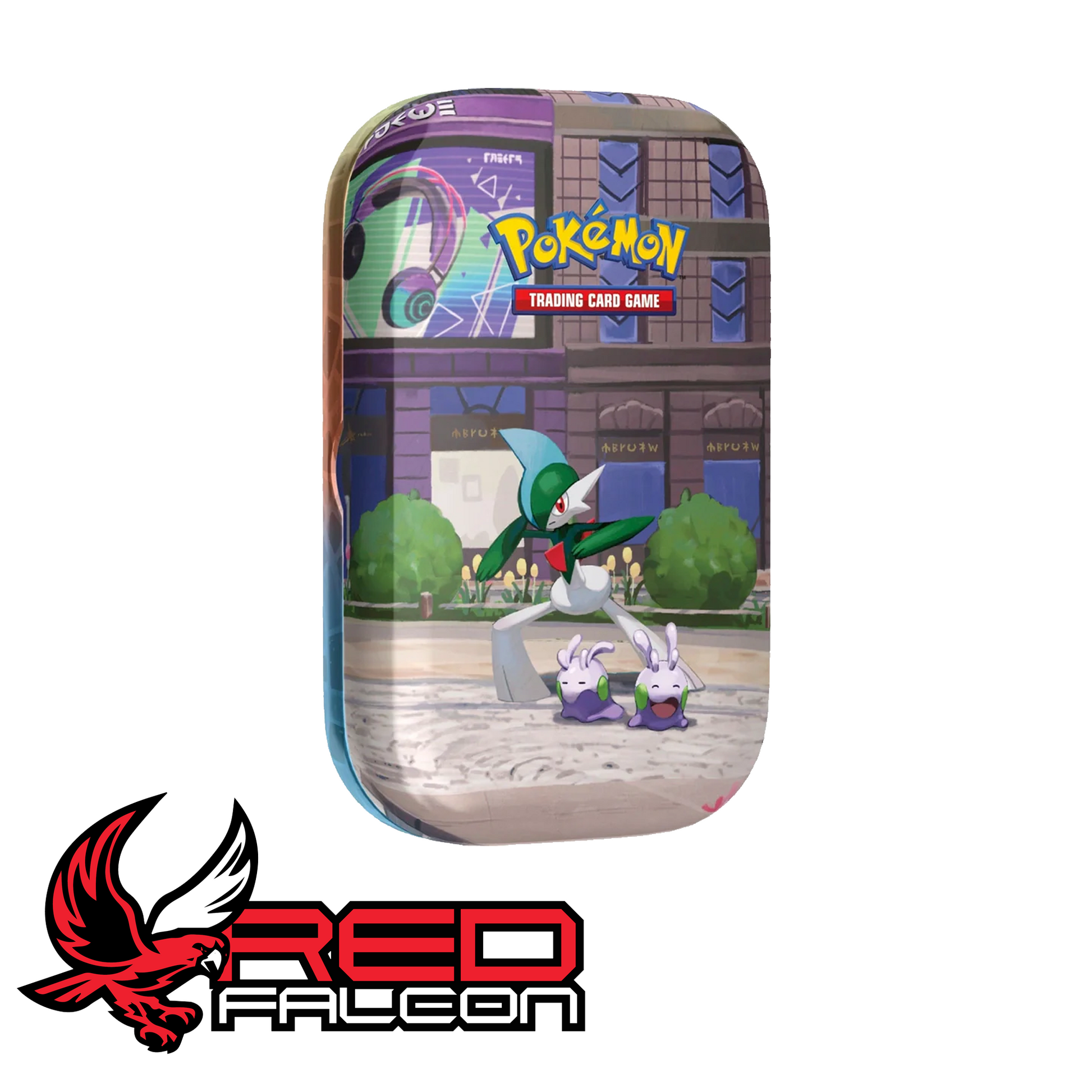 The front view of the Lumiose City Mini Tin featuring artwork of a striking Gallade paired with a small Goomy.