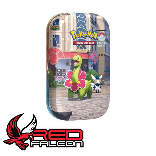 The front view of the Lumiose City Mini Tin featuring artwork of Meganium standing alongside a female Meowstic.