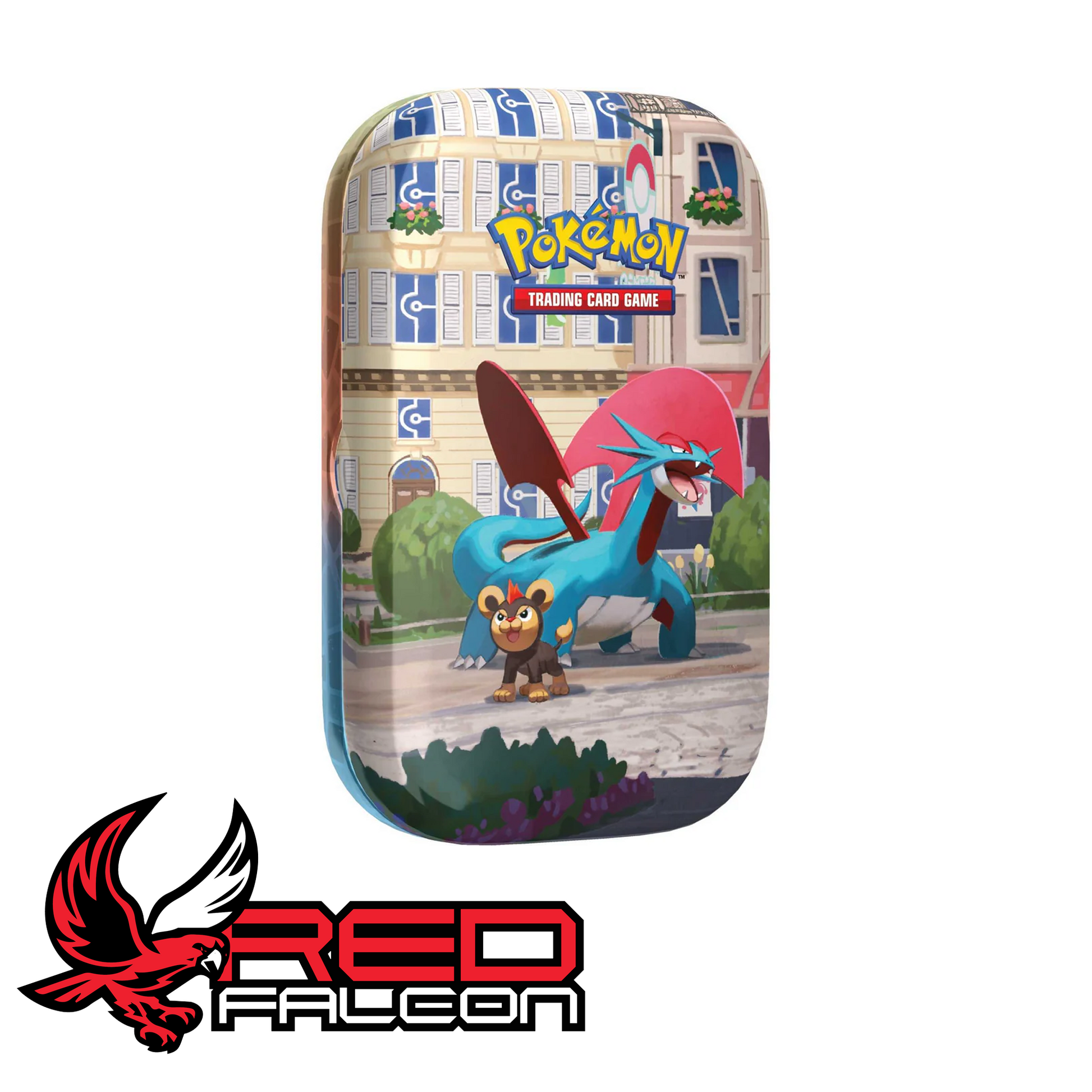 The front view of the Lumiose City Mini Tin featuring artwork of a powerful Salamence looming over a playful Litleo.