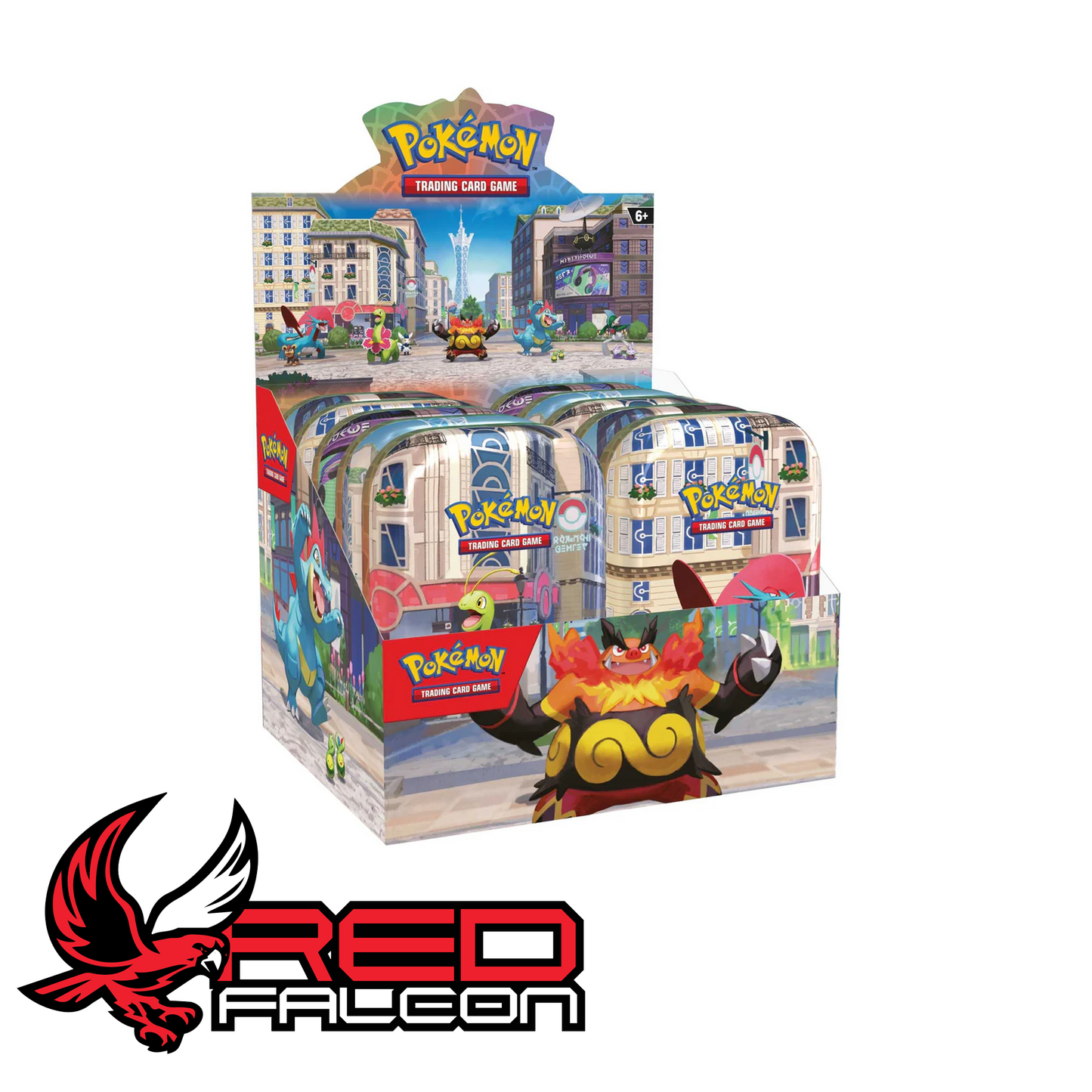 A countertop display box containing ten factory-sealed Pokémon TCG Lumiose City Mini Tins, showing a mix of the available artwork designs.