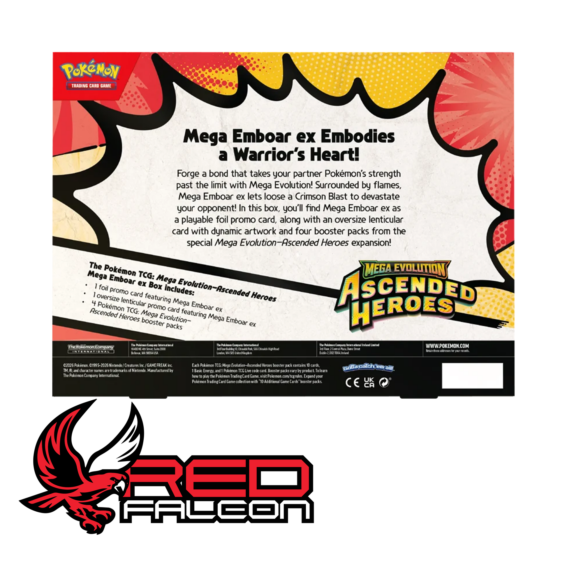 The back of the Mega Emboar ex Box featuring product contents and information about the Ascended Heroes expansion.