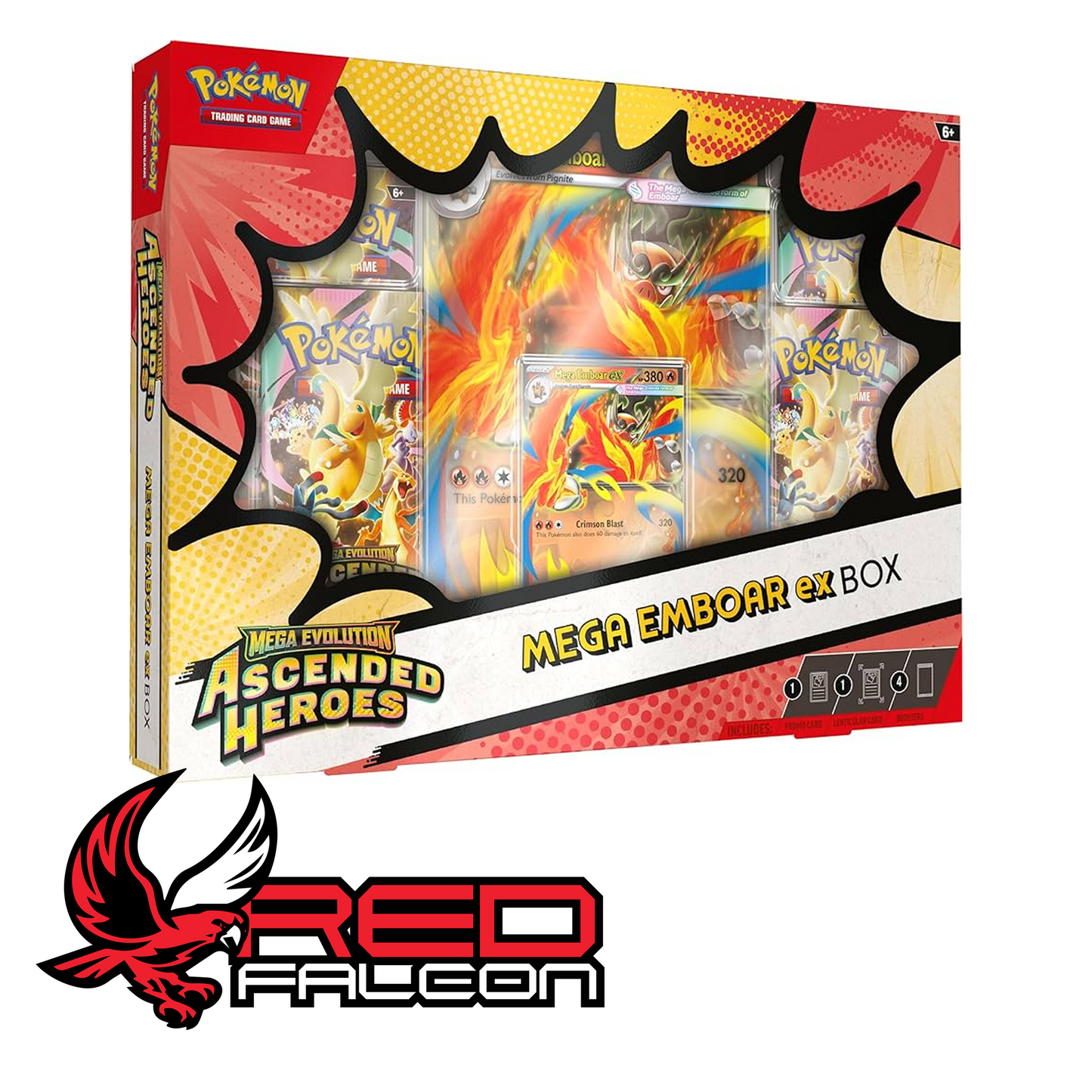 The front view of the Pokémon TCG Mega Evolution Ascended Heroes Mega Emboar ex Box.
