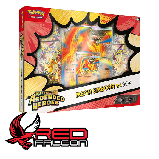 The front view of the Pokémon TCG Mega Evolution Ascended Heroes Mega Emboar ex Box.