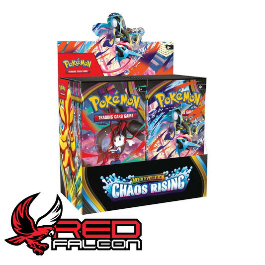 A factory-sealed 36-pack booster display box of Pokémon TCG Mega Evolution Chaos Rising wrapped in official Pokéball shrink wrap.
