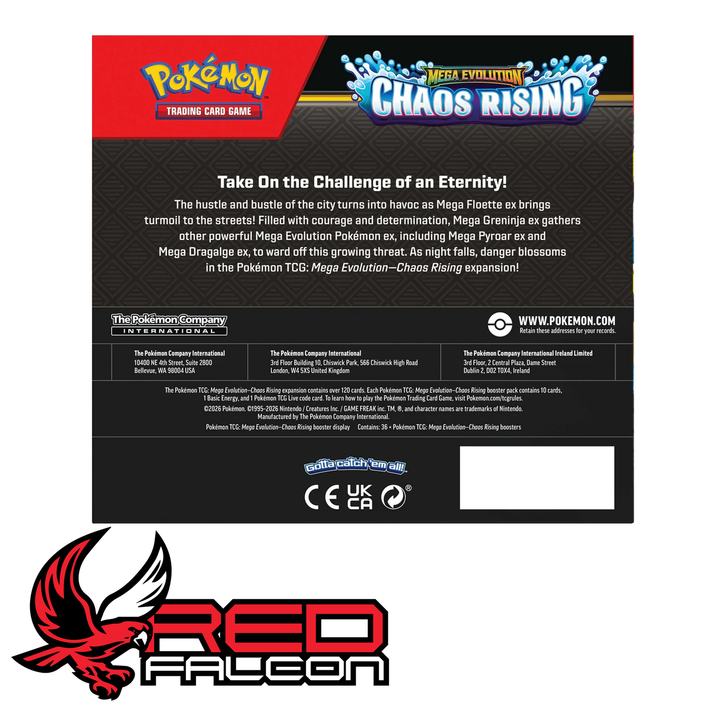 The bottom packaging text of the Mega Evolution Chaos Rising booster display box showcasing standard barcodes and legal text.