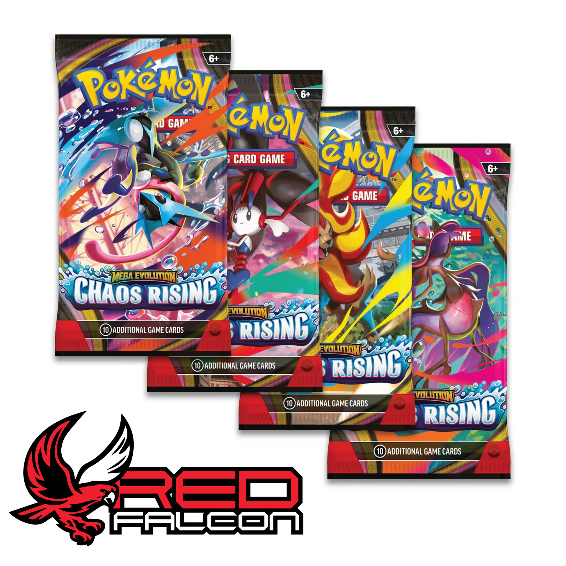 A fanned-out display showing all four individual booster pack art designs for Chaos Rising, featuring Mega Greninja, Mega Pyroar, Mega Dragalge, and Mega Floette.