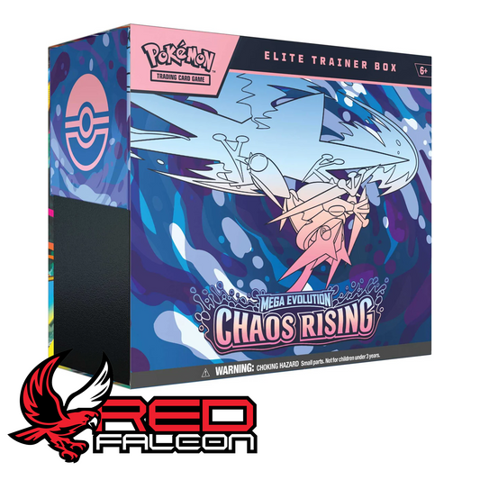 The front view of a factory-sealed Pokémon TCG Mega Evolution Chaos Rising Elite Trainer Box in official clear shrink wrap.