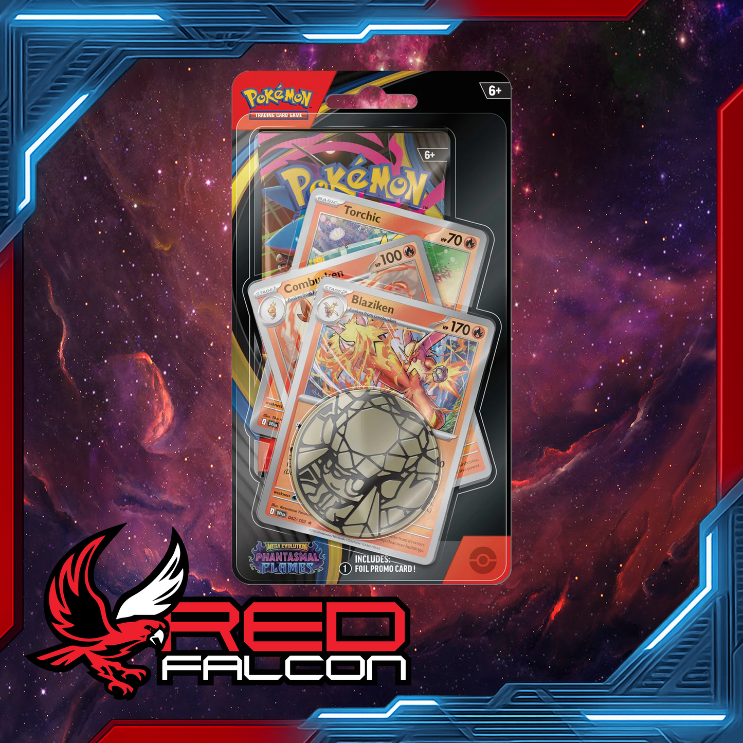 Pokémon TCG Mega Evolution Phantasmal Flames Premium Checklane – Blaziken promo cards, coin & booster pack