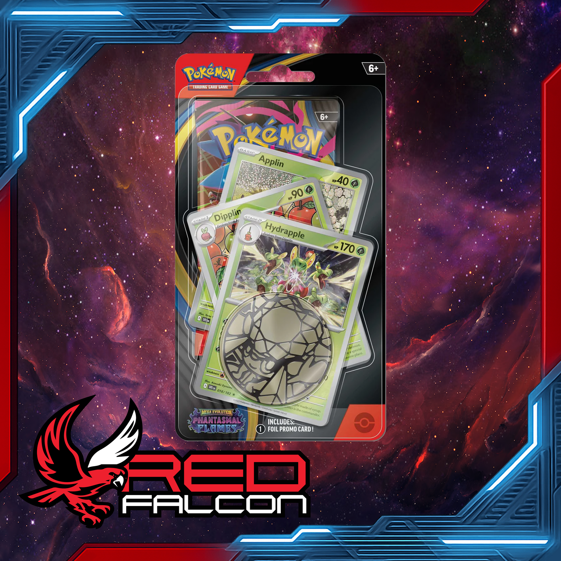 Pokémon TCG Mega Evolution Phantasmal Flames Premium Checklane – Hydrapple promo cards, coin & booster pack