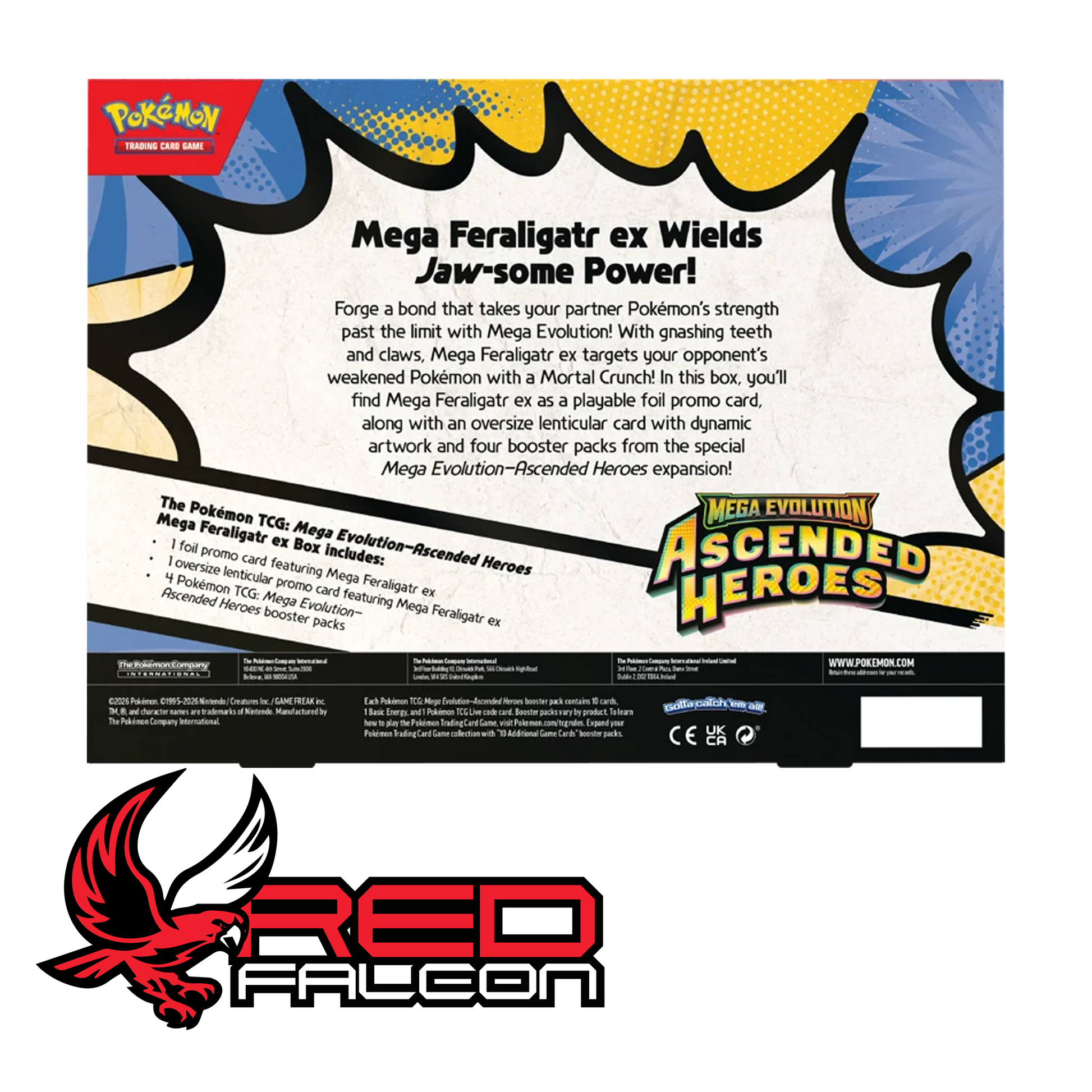 The back of the Mega Feraligatr ex Box displaying the product contents and a description of the Ascended Heroes set.