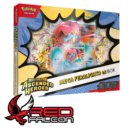 The front view of the Pokémon TCG Mega Evolution Ascended Heroes Mega Feraligatr ex Box.