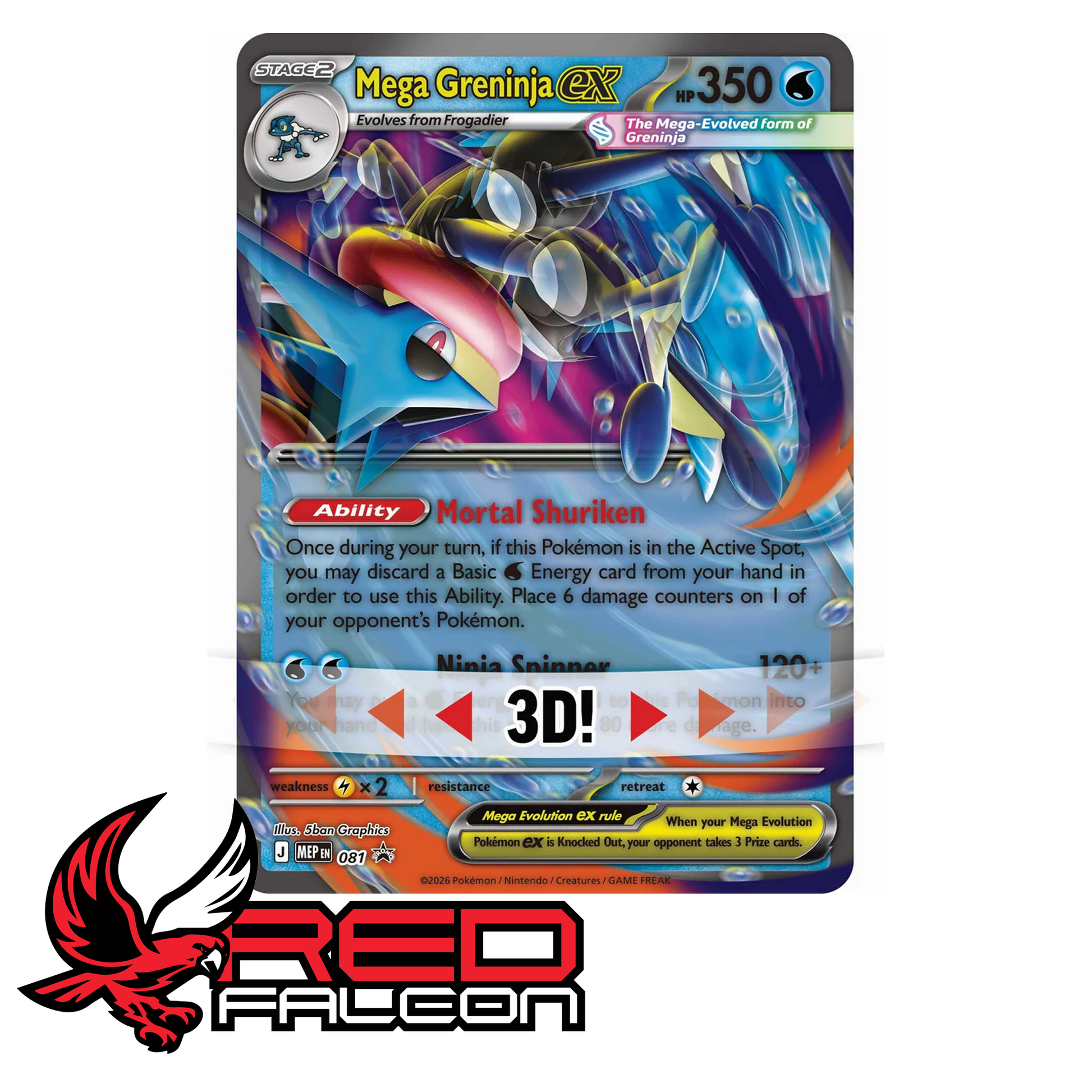 A 3D textured close-up view highlighting the detailed foil finish of the oversized Mega Greninja ex jumbo promo card.