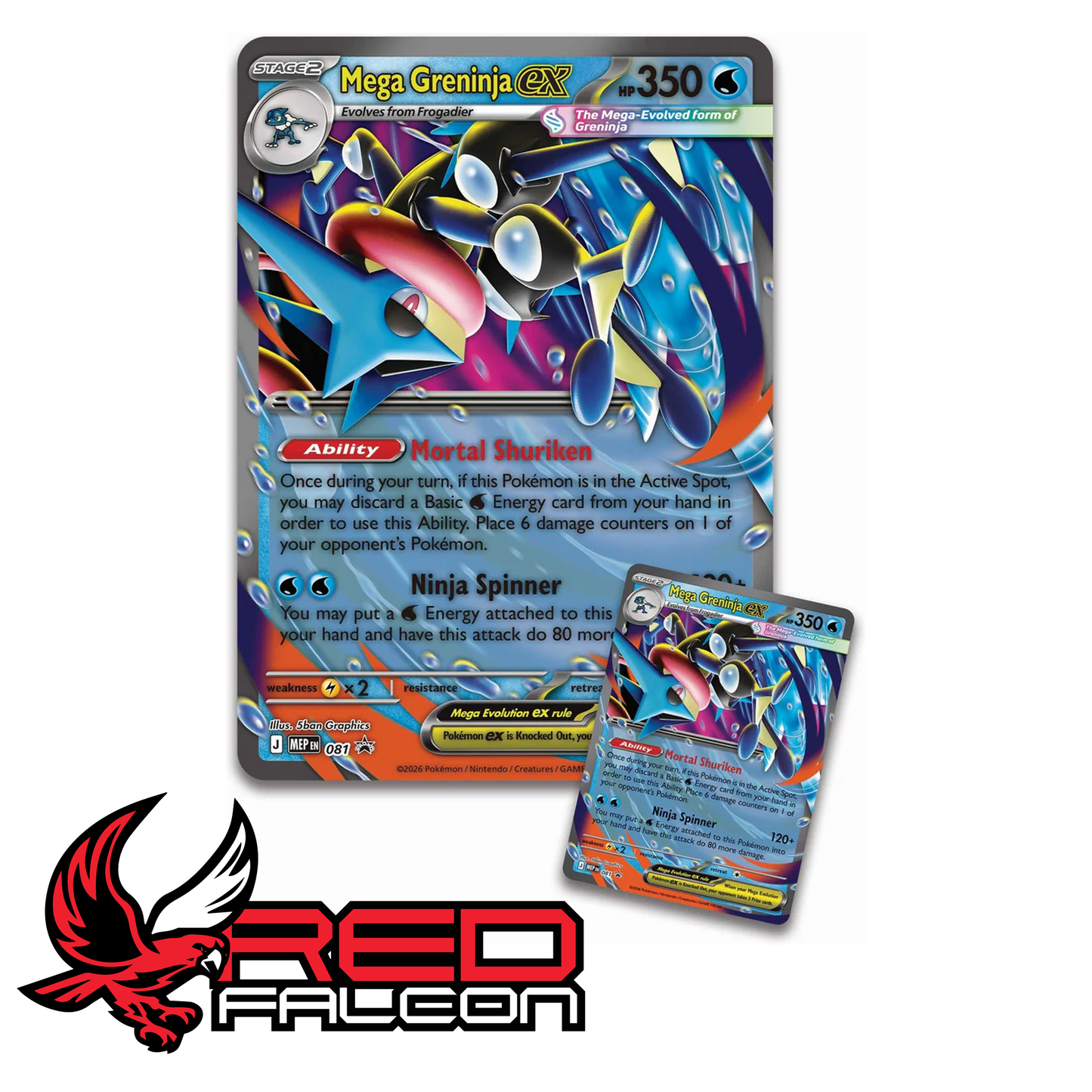 An oversized jumbo Mega Greninja ex promo card displayed side-by-side with the standard playable promo card.