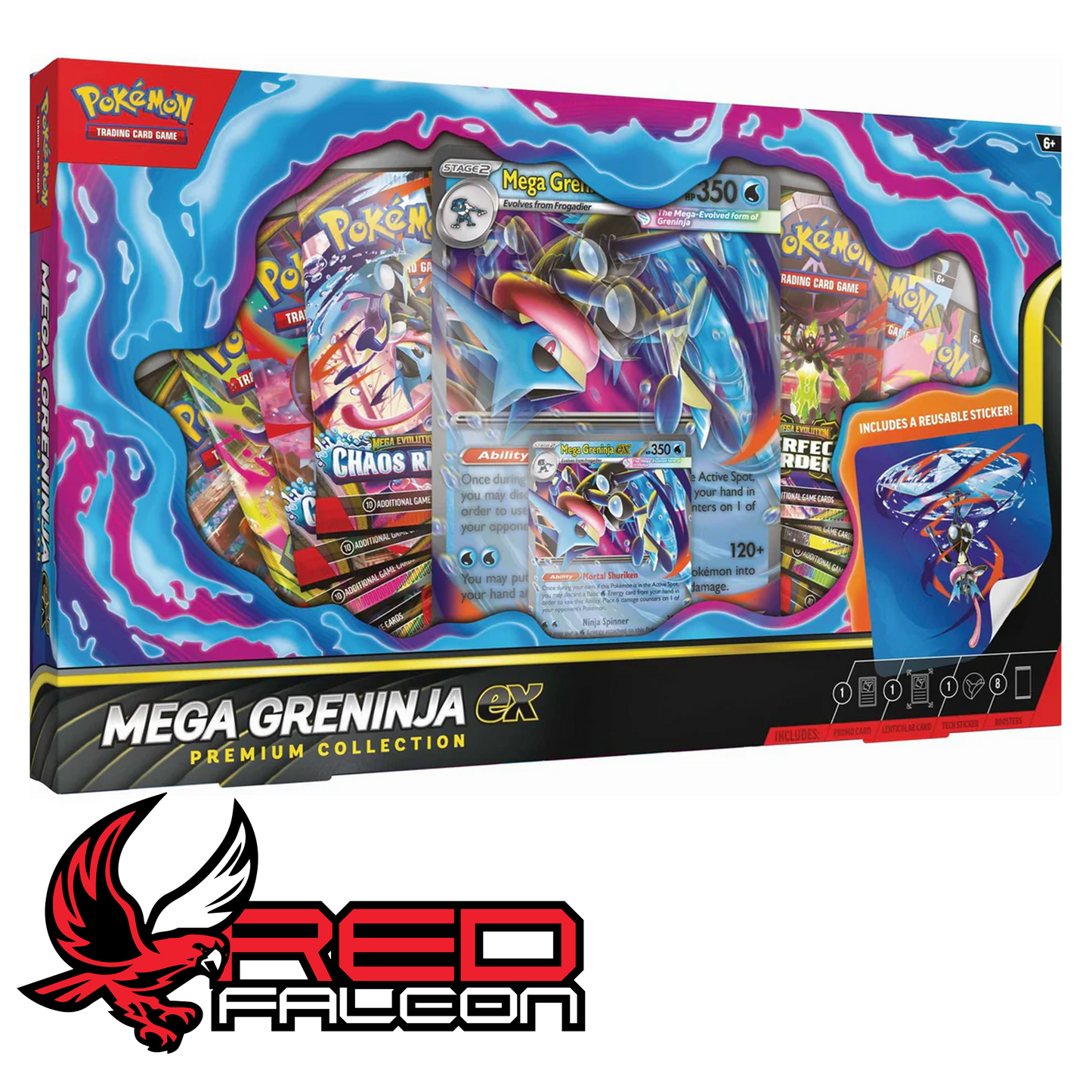An angled studio shot of the Pokémon TCG Mega Greninja ex Premium Collection box highlighting the window packaging and side artwork.