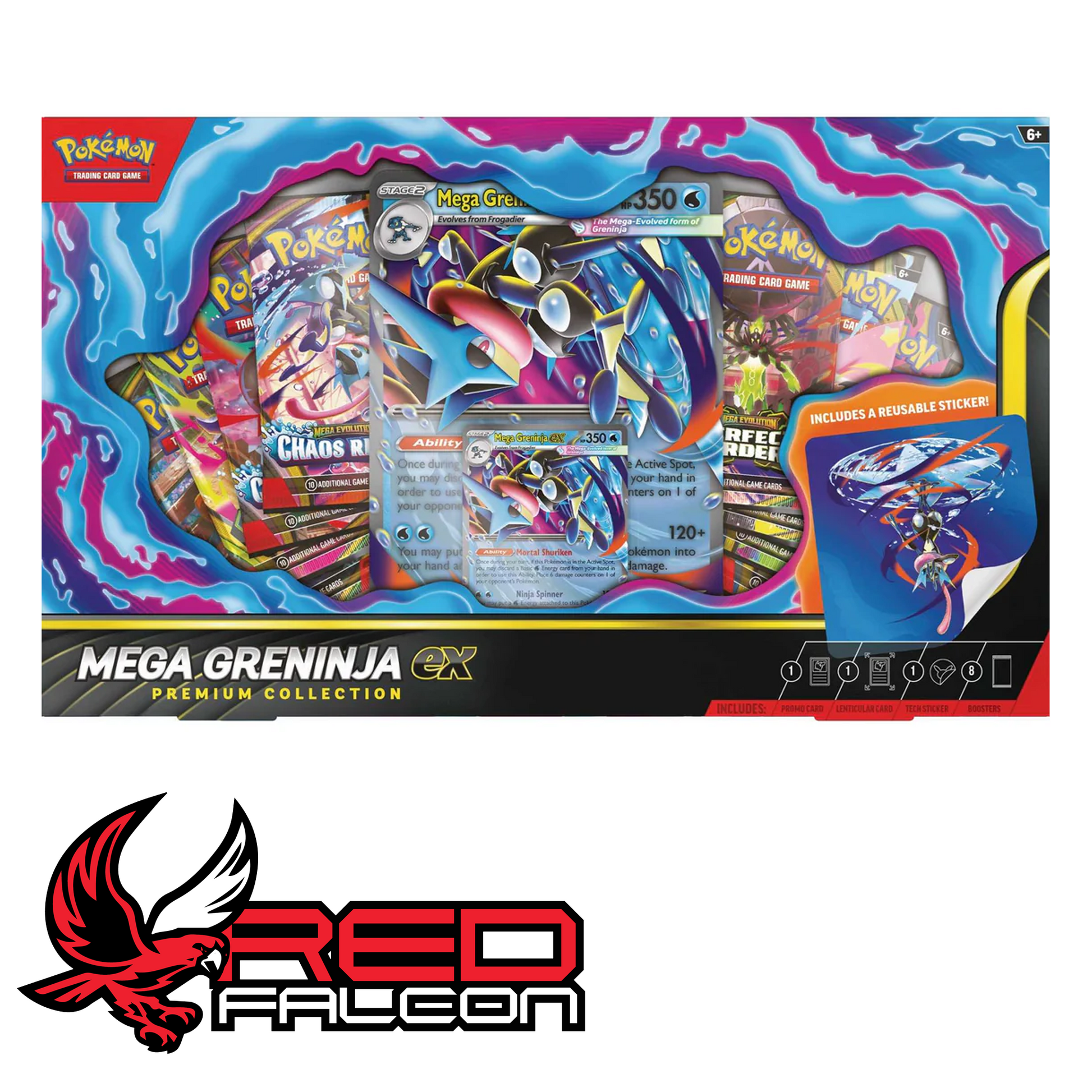 The front view of the official factory-sealed Pokémon TCG Mega Greninja ex Premium Collection box.