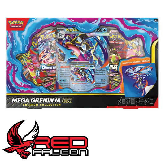 The front view of the official factory-sealed Pokémon TCG Mega Greninja ex Premium Collection box.